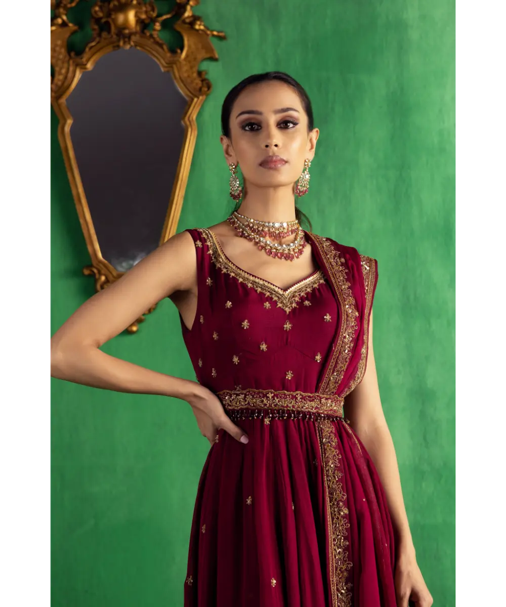 JIGAR MALI - Wine flat chiffon Anarkali set